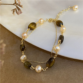 Natural freshwater pearl tiger's eye stone double-layer bracelet cold style retro design simple quartz bracelet for women