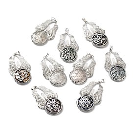 Gemstone Big Pendants, Flat Round with Wing Charms, with Rack Plating Platinum Tone Brass Findings, Cadmium Free & Lead Free