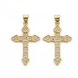 Brass Micro Pave Cubic Zirconia Pendants, Nickel Free, Cross