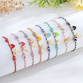 Латунь шарм браслеты, плетеные браслеты из синтетического шнура для женщин, крест и сердце