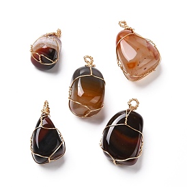 Natural Agate Beads Pendant, with Real 18K Gold Plated Eco-Friendly Copper Findings, Tumbled Stone, Nuggets