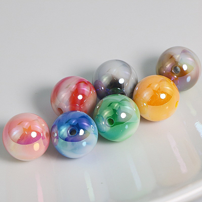 UV Plating Rainbow Iridescent Acrylic Beads, Three Tone, Round
