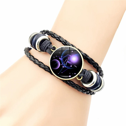 Leather Triple Layer Multi-strand Bracelets, with Glass Constellation Links