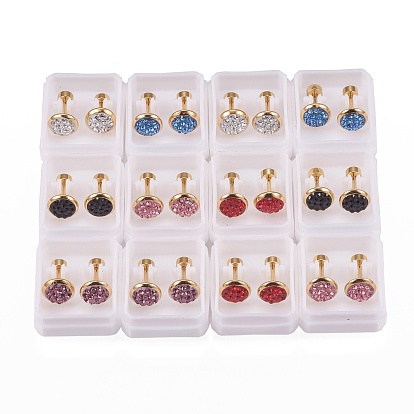 304 Stainless Steel Earlobe Plugs, Screw Back Earrings, with Polymer Clay Rhinestone, Flat Round, Golden