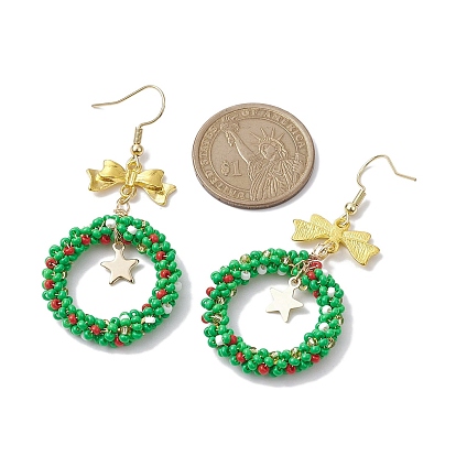 Handmade Seed Beads Dangle Earrings, with Alloy Pendants, Christmas Wreath
