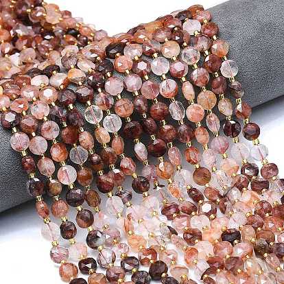 Натуральный гематоидный кварц / нитки из железистого кварца, граненый шестиугольный разрез, плоско-круглые, с бисером