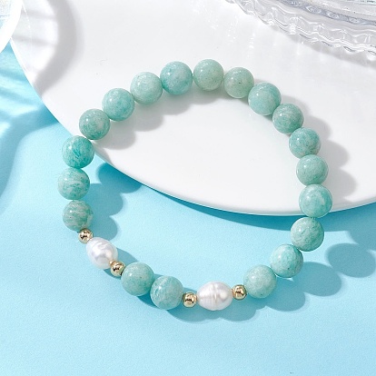 Эластичные браслеты для женщин из натурального амазонита и культивированного пресноводного жемчуга., круглые