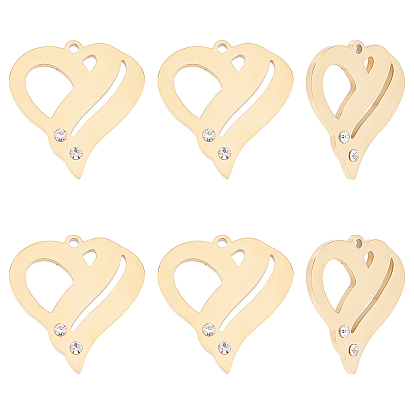 6Pcs 304 Stainless Steel Pendants, with Rhinestone, Heart
