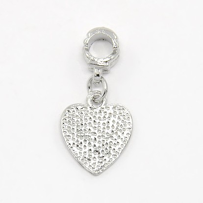 Platinum Plated Alloy Rhinestone European Dangle Charms, Heart Pendant with Breast Cancer Sign, 28x14x2mm, Hole: 5mm