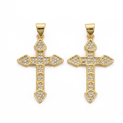 Brass Micro Pave Cubic Zirconia Pendants, Nickel Free, Cross