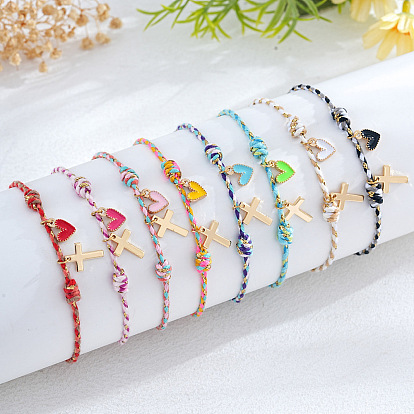 Латунь шарм браслеты, плетеные браслеты из синтетического шнура для женщин, крест и сердце