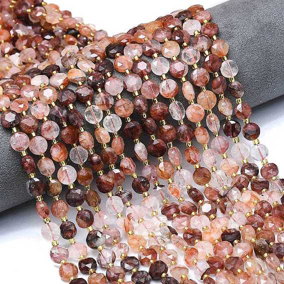 Натуральный гематоидный кварц / нитки из железистого кварца, граненый шестиугольный разрез, плоско-круглые, с бисером