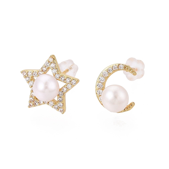 Star & Moon Brass Micro Pave Clear Cubic Zirconia Stud Earrings, with Natural Pearl, Asymmetrical Earrings