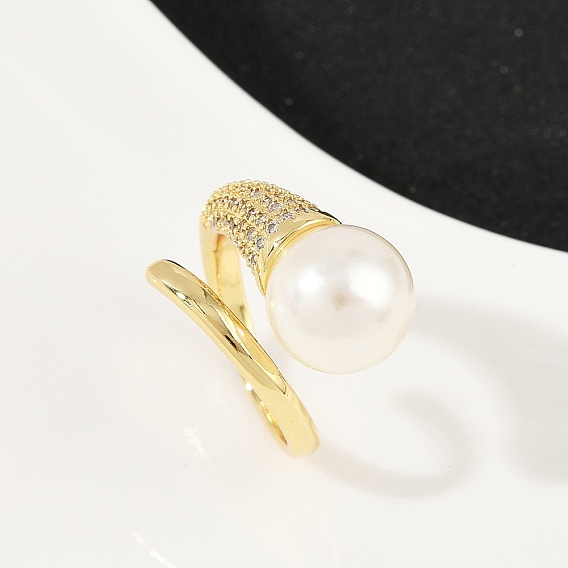 Манжеты из латуни с микро паве кубический цирконий для женщин, с бусинами из искусственного жемчуга из АБС-пластика, круглые, стойки покрытие, долговечный, без свинца и без кадмия