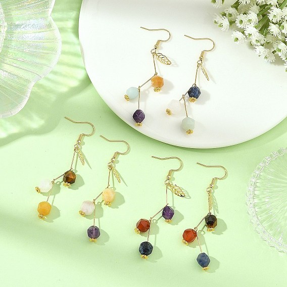 Hollow 316 Surgical Stainless Steel & Gemstone Dangle Earrings for Women, Leaf, with 304 Stainless Steel Earring Hooks
