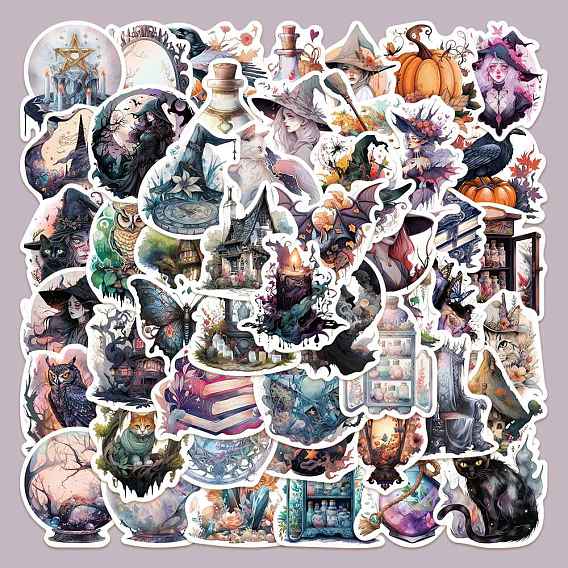 50Pcs Halloween Witch Theme PVC Self-adhesive Cartoon Stickers, Waterproof Decals for Suitcase, Skateboard, Refrigerator, Helmet, Mobile Phone Shell