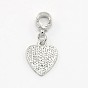 Platinum Plated Alloy Rhinestone European Dangle Charms, Heart Pendant with Breast Cancer Sign, 28x14x2mm, Hole: 5mm
