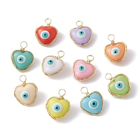 Evil Eye Resin Copper Wire Wrapped Pendants, Heart Charms, Light Gold