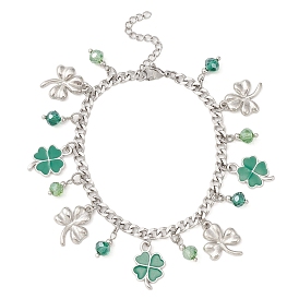 Alloy Clover & Glass Charm Bracelet with 304 Stainless Steel Curb Chains for Saint Patrick's Day