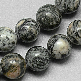 Natural Black Silk Stone/Netstone Bead Strands, Round