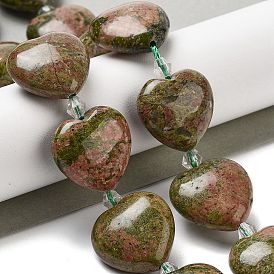 Natural Unakite Beads Strands, Heart, with Seed Beads