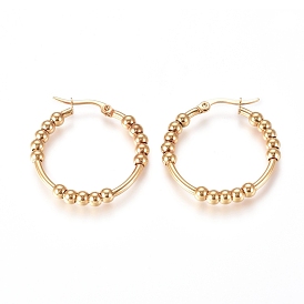 304 Stainless Steel Hoop Earrings, Hypoallergenic Earrings, with Round Beads, Ring