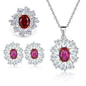 Egg-shaped Ruby Jewelry Set with Waterdrop Cubic Zirconia Ring, Earrings and Necklace