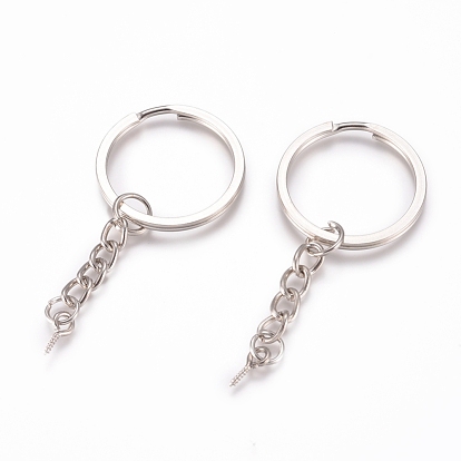 Iron Split Key Rings, Keychain Clasp Findings, with Curb Chains and Peg Bails