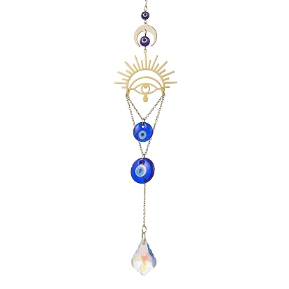Sun Brass & Handmade Lampwork Evil Eye Hanging Ornaments, Glass Leaf Tassel for Home Decoration