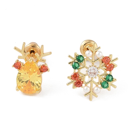 Christmas Snowflake & Deer Brass Pave Colorful Cubic Zirconia & Plastic Pearl Asymmetrical Stud Earrings for Women, with 304 Stainless Steel Pins