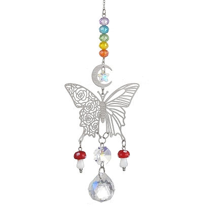 304 Stainless Steel Butterfly & Glass Teardrop Hanging Suncatchers, Lampwork Mushroom and Colorful Crystal Beads for Garden Window Hanging Decoration