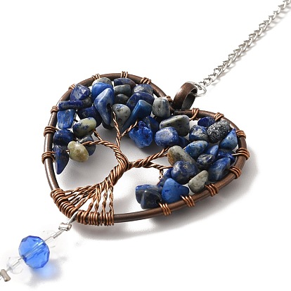 Lapis Lazuli Pendant Decoration, Hanging Suncatcher, with Brass Rings, Heart Alloy Frame and Iron Findings, Teardrop
