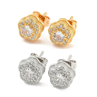 Brass Micro Pave Cubic Zirconia Ear Studs, Flower