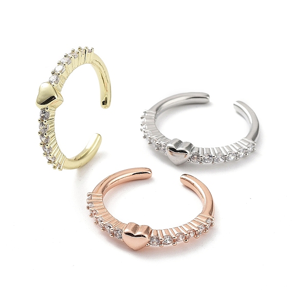 Покрытие стойки в форме сердца латунь микро паве прозрачный кубический цирконий открытые кольца, долговечное кольцо-манжета для женщин с покрытием, без свинца и без кадмия