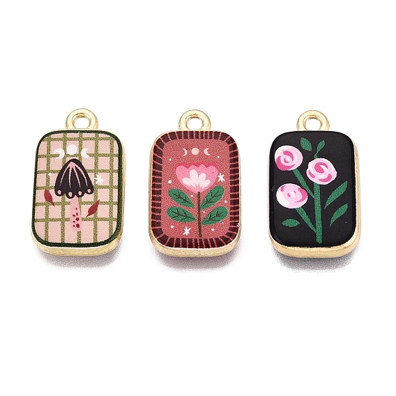 Printed Alloy Pendants, Rack Plating, Rectangle Charms, Cadmium Free & Nickel Free & Lead Free, Golden