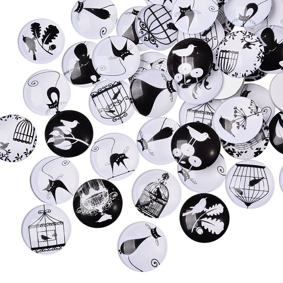 100Pcs Retro Black and White Picture Glass Cabochons, Half Round/Dome