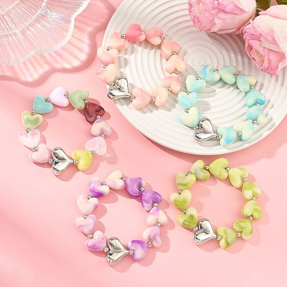 Acrylic Heart Beaded Stretch Bracelets for Kid