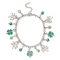 Alloy Clover & Glass Charm Bracelet with 304 Stainless Steel Curb Chains for Saint Patrick's Day
