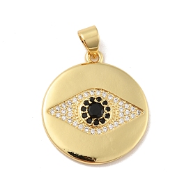 Brass Micro Pave Cubic Zirconia Pendants, Cadmium Free & Lead Free, Long-Lasting Plated, Flat Round with Eye