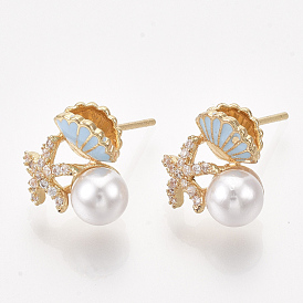 Brass Cubic Zirconia Earring Studs, with ABS Plastic Imitation Pearl and Enamel, Shell & Starfish/Sea Stars, Real 18K Gold Plated