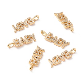 Brass Micro Pave Clear Cubic Zirconia Pendants, Long-Lasting Plated, Lead Free & Cadmium Free & Nickel Free, Baby Word Shape, Children's Day