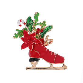 Christmas Ice Skates Alloy Enamel Brooches, with Rhinestone, Enamel Pins, Golden