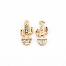 Brass Micro Pave Clear Cubic Zirconia Charms, Nickel Free, Cactus