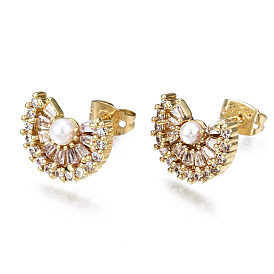 Brass Micro Pave Cubic Zirconia Stud Earrings, with ABS Plastic Imitation Pearl and Ear Nuts, Nickel Free, Fan, Creamy White