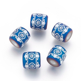 Electroplate Glass Beads, Frosted, Barrel with Flower Pattern