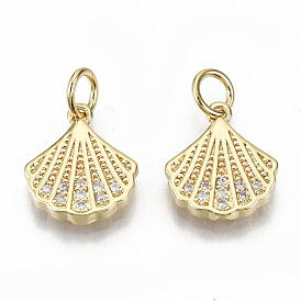 Brass Micro Pave Clear Cubic Zirconia Charms, with Jump Rings, Nickel Free, Shell Shape