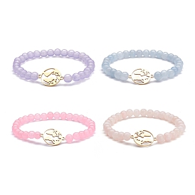 Stretch-Armband aus natürlicher malaysischer Jade (gefärbt) mit runden Perlen, Reiki-Armband für Frauen, flach mit Karte flaches rundes Gliederarmband, golden