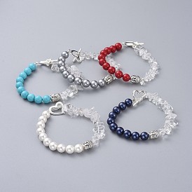 Shell Pearl Beaded Bracelets, with Natural Quartz Crystal Chip Beads, Alloy Beads and Toggle Clasps, Buddha Head