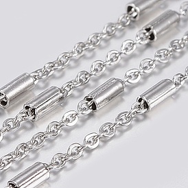 Vacuum Plating 304 Stainless Steel Cable Chains, with Spool, Column Beads, Soldered, Flat Oval