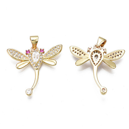 Brass Micro Pave Cubic Zirconia Pendants, , Real 18K Gold Plated, Autumn Pendants, Dragonfly
